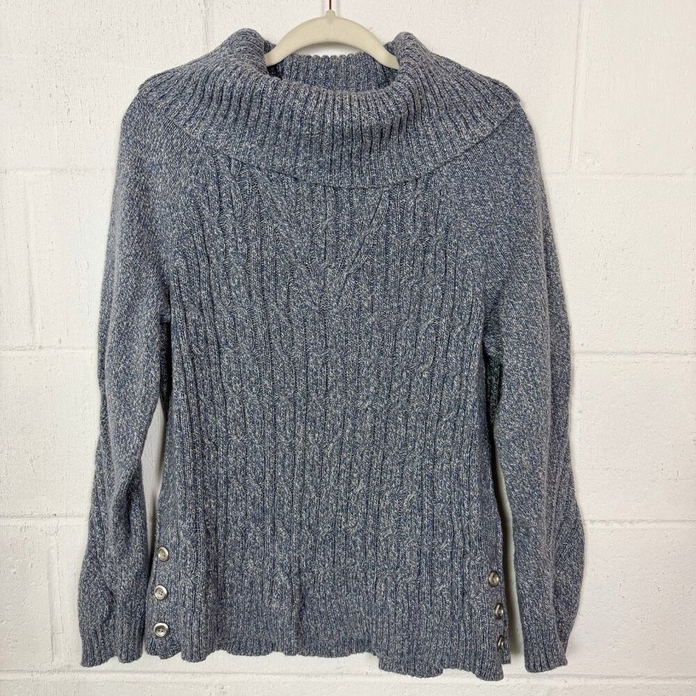 Talbots Womens Sweater Cowl Neck Heather Blue Cable Knit Fisherman Preppy M